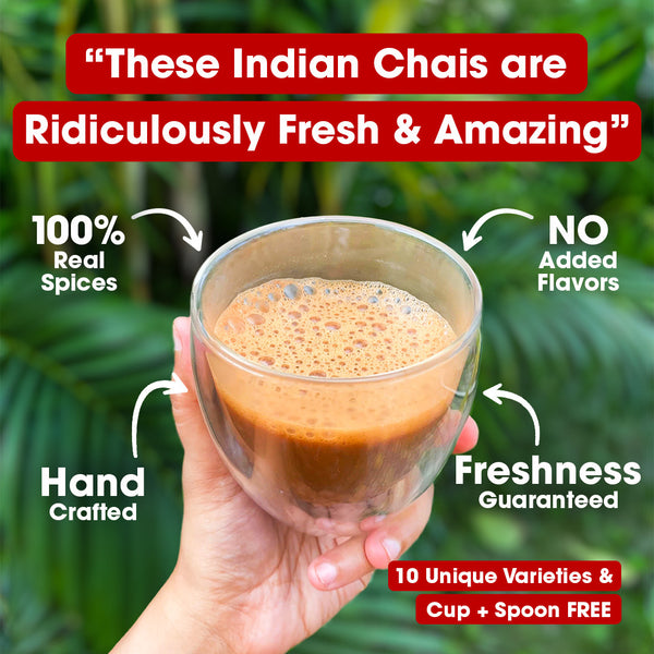 Authentic Indian Chai Complete Trial Pack (Free Valencia Glass Teacup & Ideal Teaspoon) -