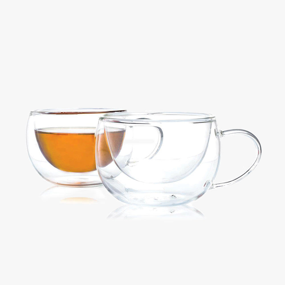 2 Double Walled Glass Tea Cups & Saucers