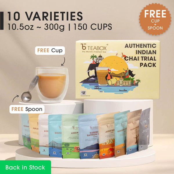 Authentic Indian Chai Complete Trial Pack (Free Valencia Glass Teacup & Ideal Teaspoon) -